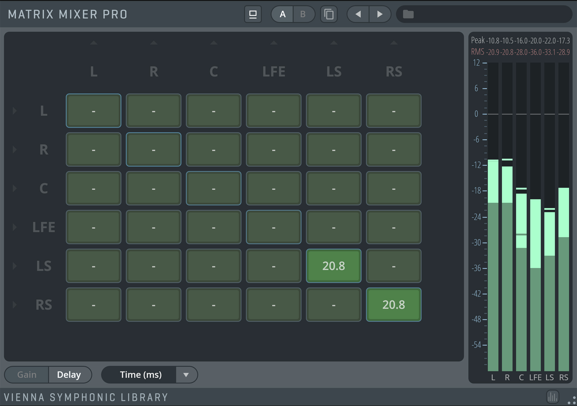 Matrix Mixer Pro interface with a grid of delay settings, showcasing 20.8ms on LS and RS channels, alongside a multi-channel audio meter from Vienna Symphonic Library.