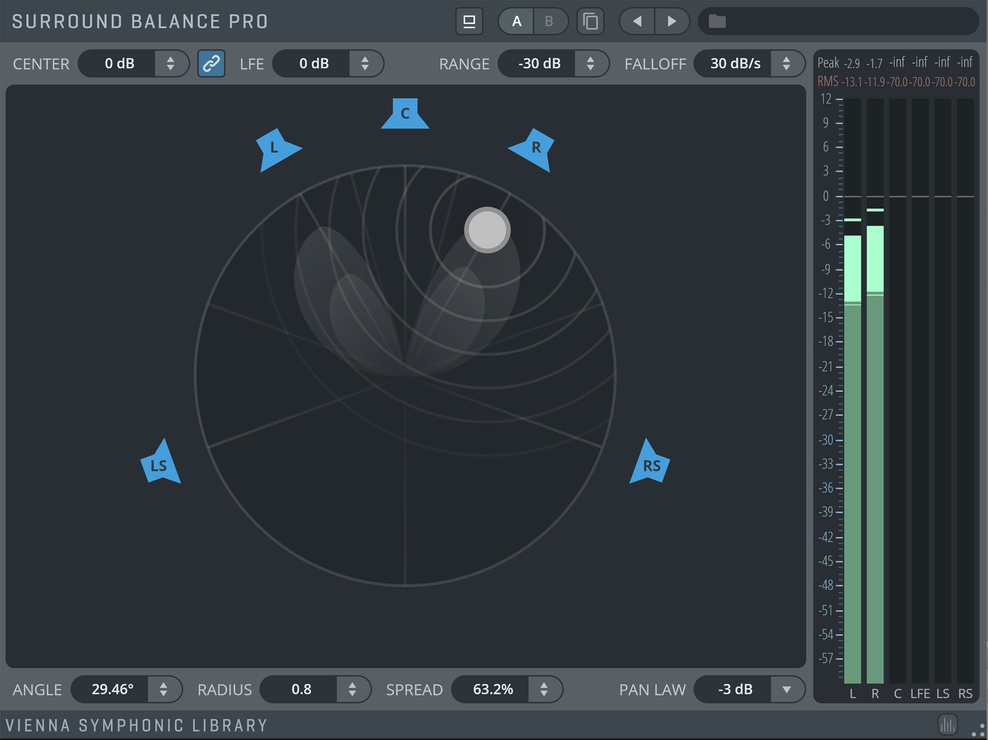 Surround Balance Pro audio plugin interface showing speaker configuration, soundstage visualization, and level meters.