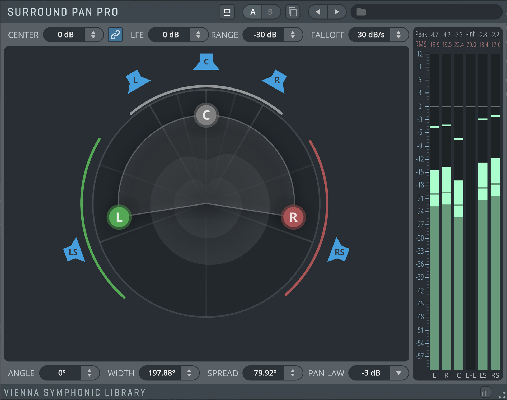 Vienna Symphonic Library Surround Pan Pro plugin interface showing a surround sound pan control with speaker positions and audio levels.