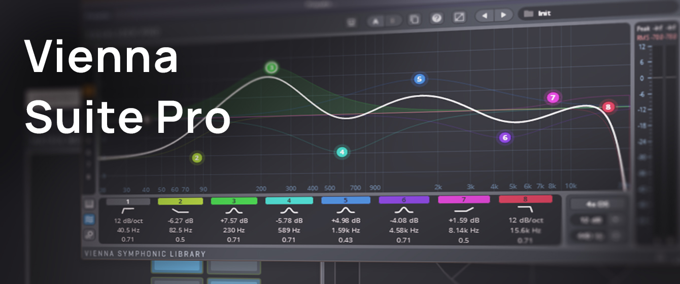 Vienna Suite Pro audio equalizer interface with frequency response graph and control settings.