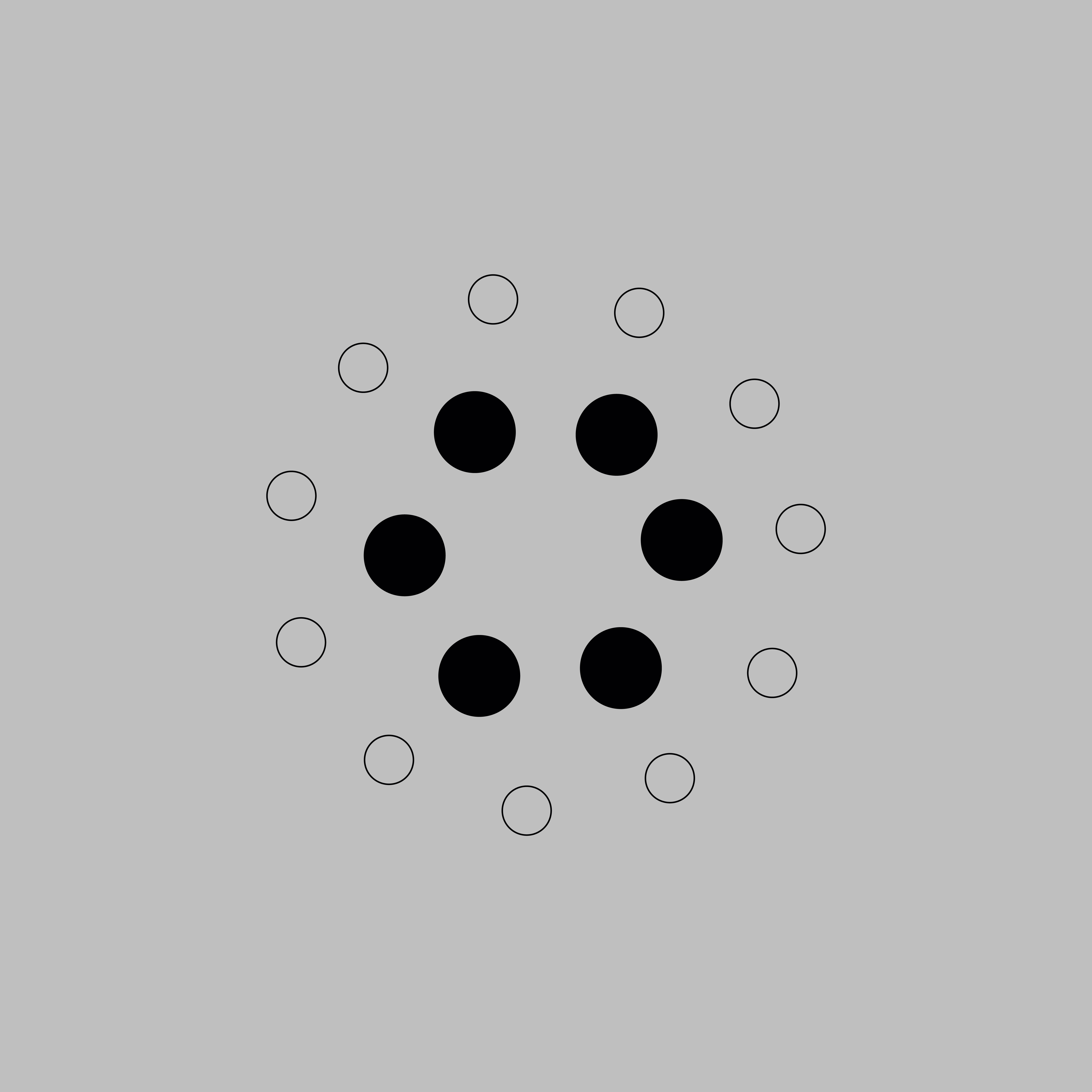 Decorative graphic featuring five black solid circles at the center, surrounded by twelve outlined grey circles in a larger circular pattern, set against a light grey background.
