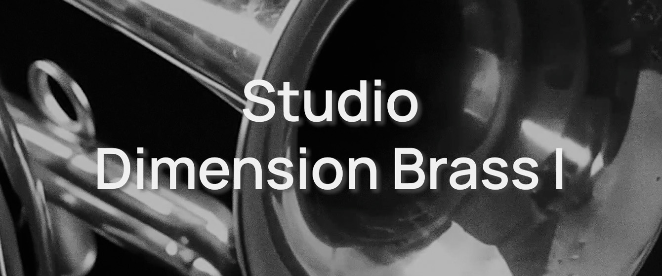 Close-up black and white image of a shiny brass instrument, possibly a trombone or trumpet, with the text Studio Dimension Brass I overlaid in white.