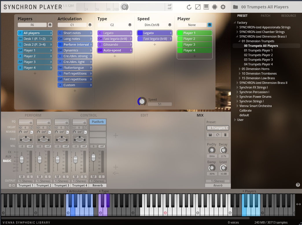 Screenshot of the Vienna Symphonic Library Synchron Player software interface, showing player, articulation, type, and speed settings, along with controls for performance, mix, and a virtual keyboard with highlighted keys.