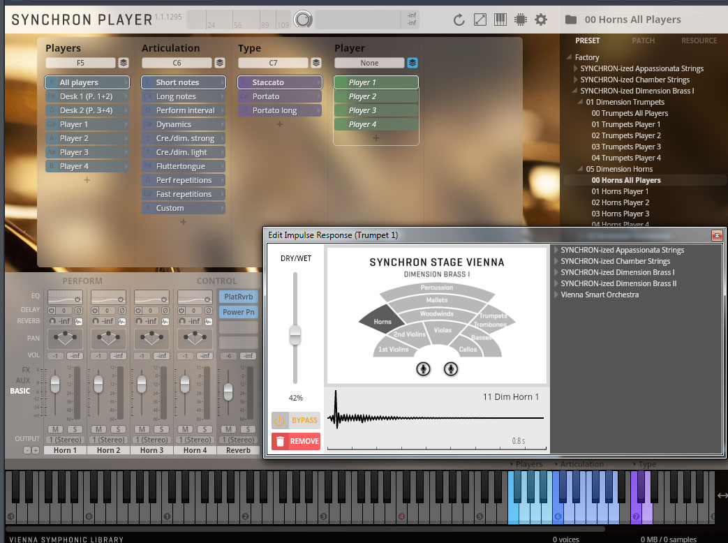 Digital audio workstation (DAW) interface for Synchron Player. Main screen shows player, articulation, and type settings, with a large Edit Impulse Response pop-up. This pop-up displays a graphical representation of the Vienna Symphonic Library Synchron Stage Vienna room, indicating instrument sections like horns, strings, percussion, and brass. Below it, a waveform with a Bypass and Remove button and various audio controls for EQ, delay, reverb, pan, and volume. A virtual piano keyboard with highlighted keys spans the bottom. The right panel lists instrument presets for Synchron Brass.