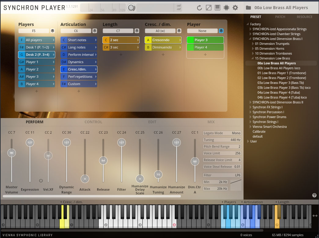 SYNCHRON PLAYER software interface displaying player, articulation, length, crescendo/diminuendo, and sound patch controls, including EQ, effects, and a virtual keyboard with selected keys highlighted.
