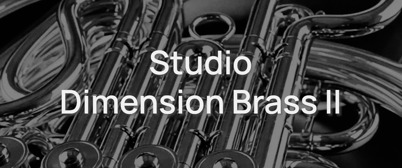Close-up of a silver brass instrument with the text Studio Dimension Brass II overlaid in white.