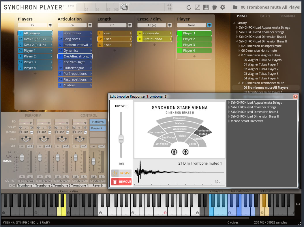 Vienna Synchron Player user interface displaying instrument articulations, performance controls, and an impulse response editor for Dimension Brass II trombones.