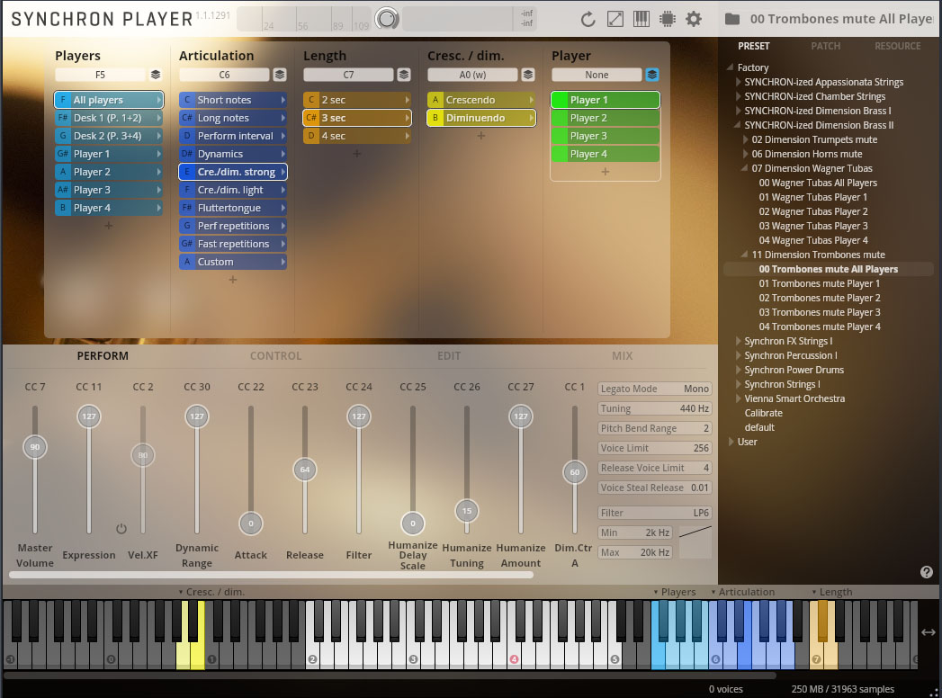 Synchron Player virtual instrument software interface showing settings for trombones mute, including player selection, articulation, length, crescendo/diminuendo, and performance controls.