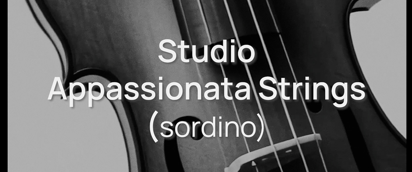 Close-up, black and white image of a string instrument with the words Studio Appassionata Strings (sordino) overlaid in white text.