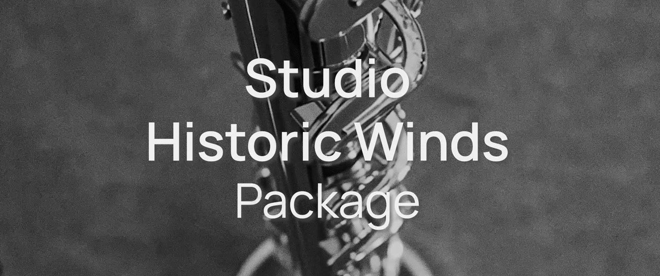 Black and white image with the text Studio Historic Winds Package in white superimposed over a blurred part of a saxophone or similar wind instrument