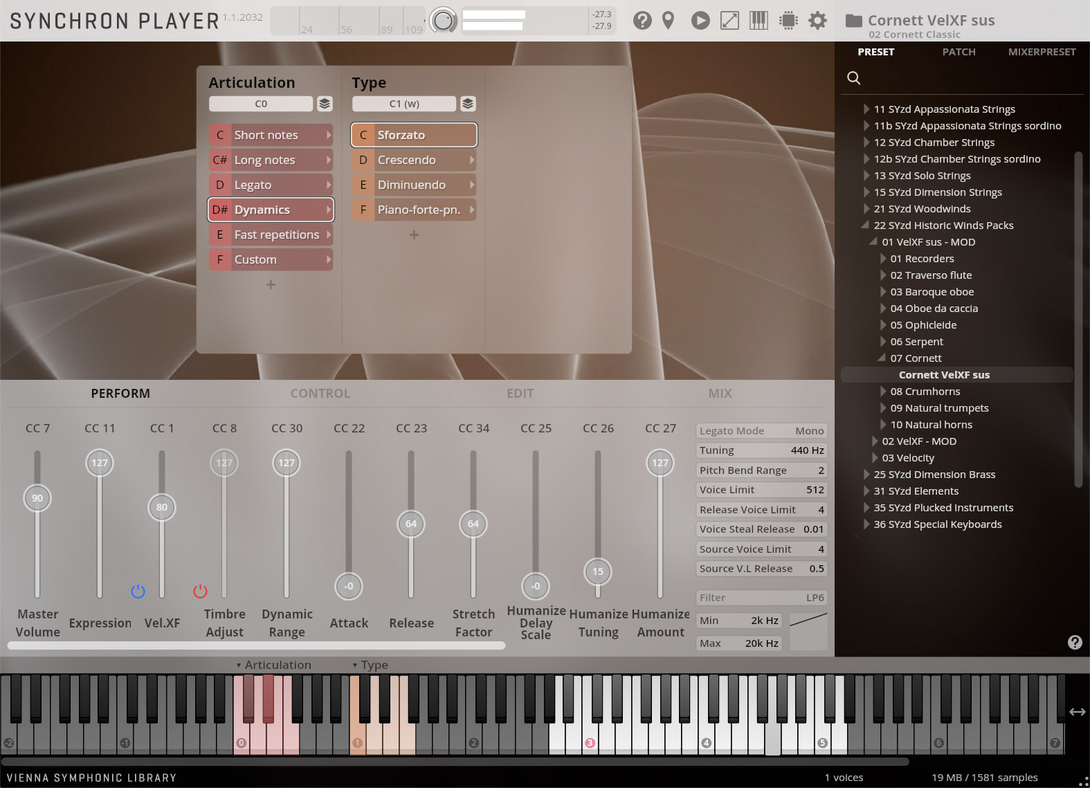Screenshot of the Synchron Player software interface showing Cornett VelXF sus instrument settings, including articulation types like sforzato and dynamics, editable performance controls, and a list of available sound presets.