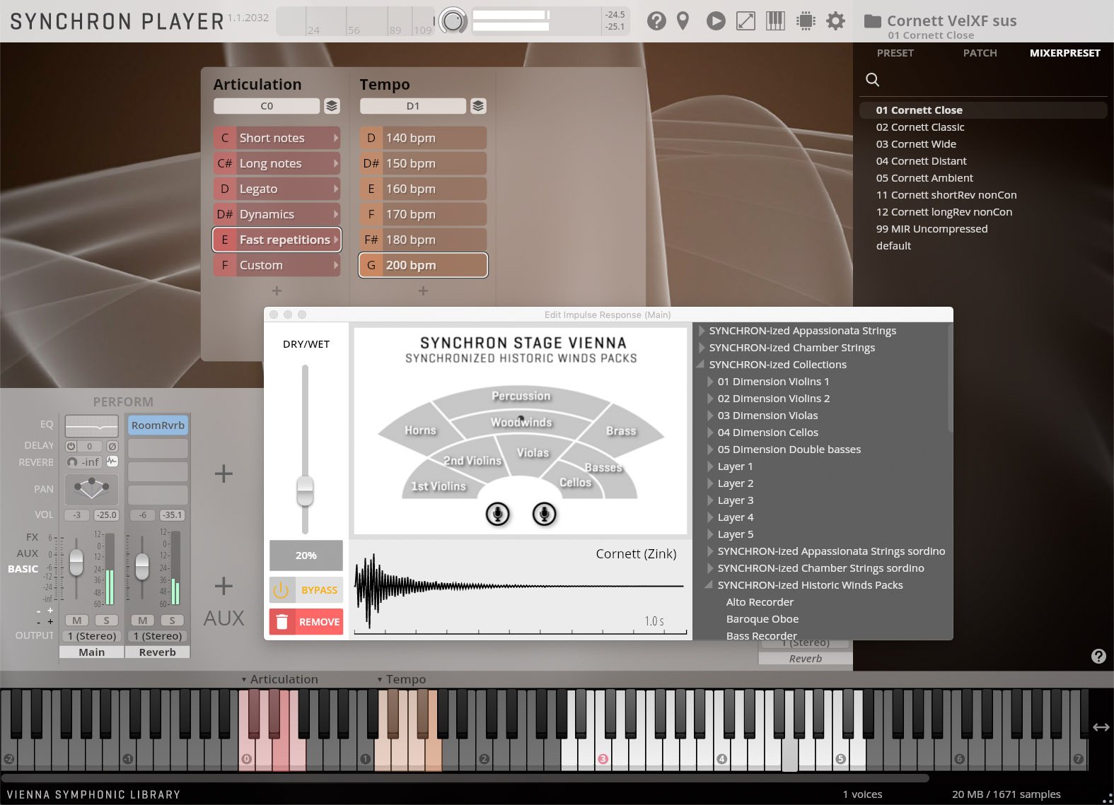 Vienna Symphonic Library Synchron Player software interface showing articulation, tempo, mixer, and instrument selection for synchronized historic winds.