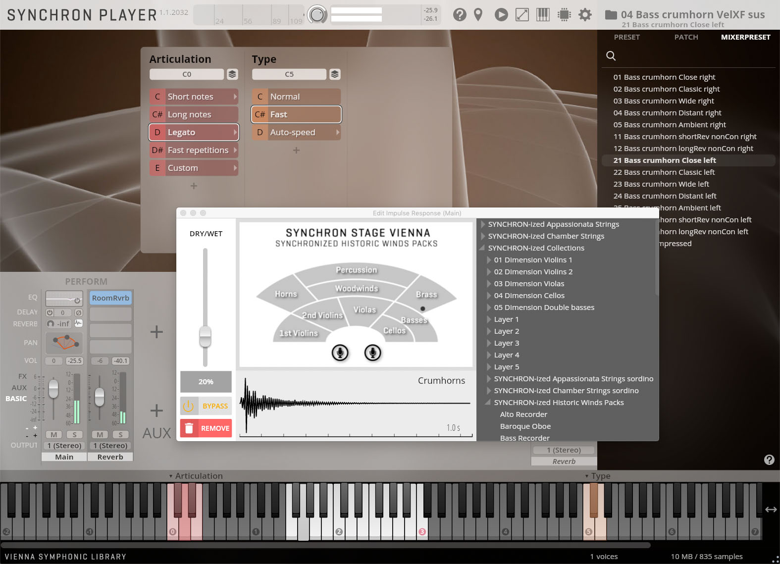 A screenshot of the Vienna Symphonic Library Synchron Player software interface, displaying articulation and type controls, a dry/wet mixer, impulse response editor, performance settings, and a virtual keyboard with selected keys, showing instrument choices like Bass Crumhorn.