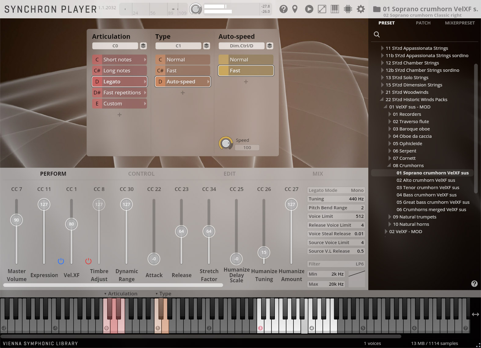 Screenshot of the Vienna Symphonic Library Synchron Player software interface, displaying articulation, type, auto-speed, performance, control, edit, and mix parameters, along with a list of instrument presets including Soprano crumhorn and other historic wind instruments.