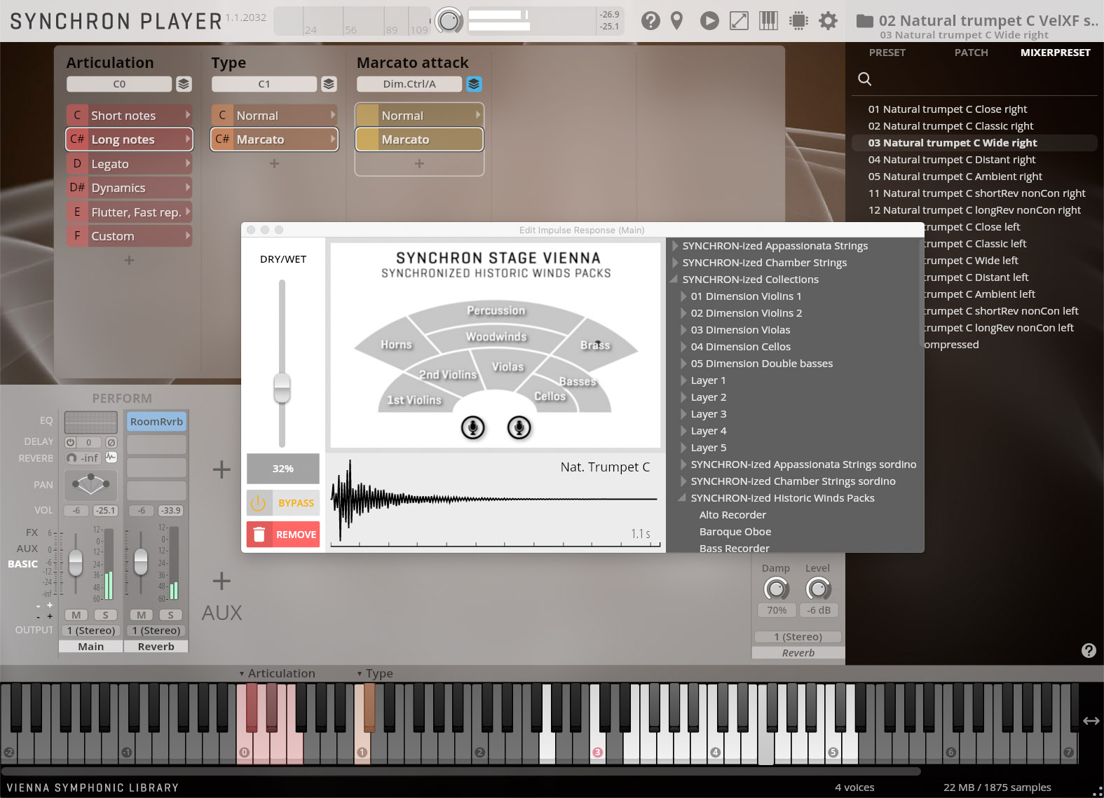 A digital audio workstation (DAW) interface with synthesizer controls, an equalizer, sound library options, and a piano roll.