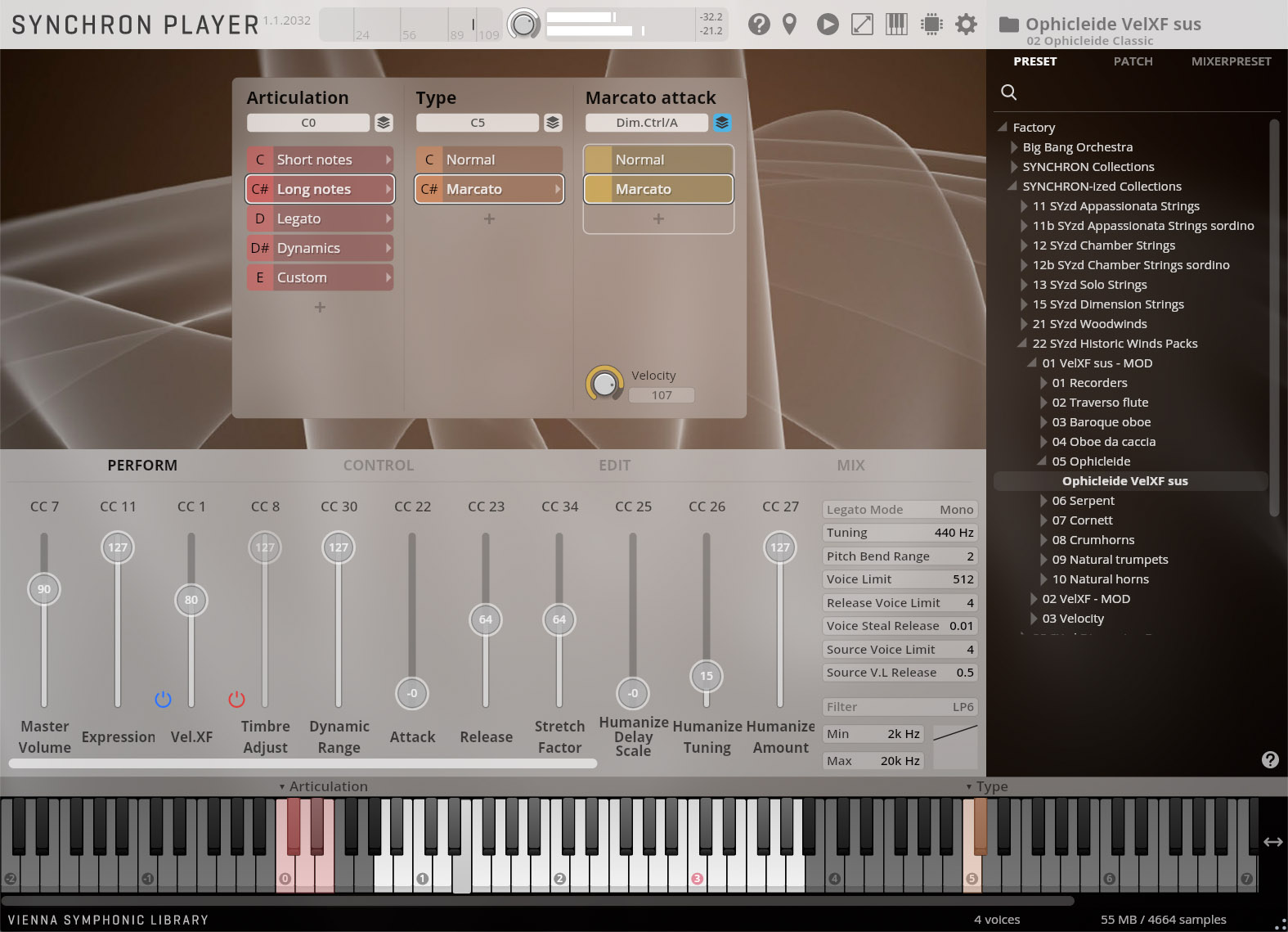 Screenshot of the Vienna Symphonic Library Synchron Player software interface, displaying articulation, type, and marcato attack settings, along with controls for volume, expression, and various sound parameters. The Ophicleide VelXF sus preset is selected, and a virtual piano keyboard is visible at the bottom.