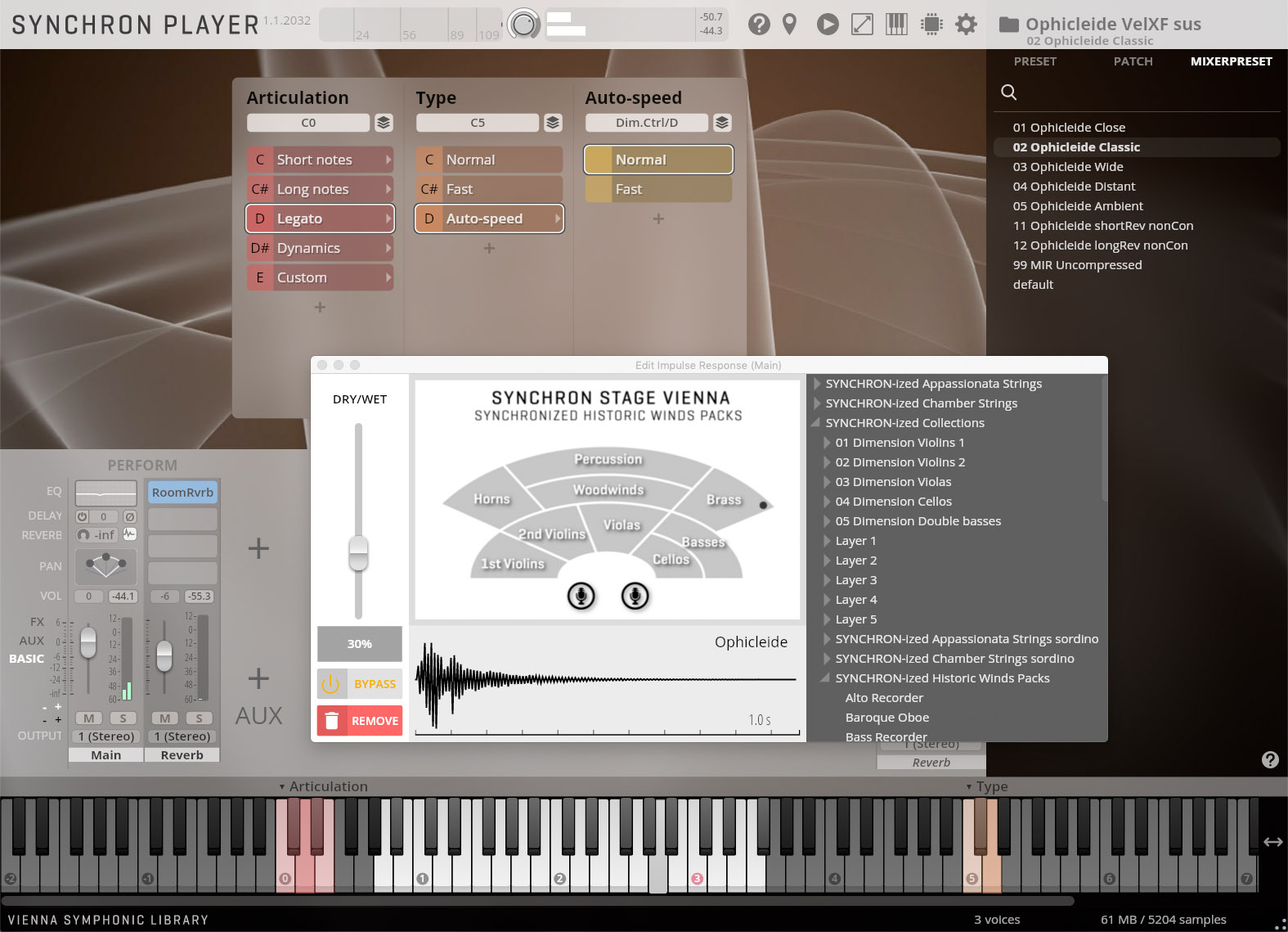 A detailed screenshot of the Synchron Player virtual instrument interface, showing articulation, type, and auto-speed settings, a Synchron Stage Vienna mixer with instrument sections arranged in a semicircle, and a Mixerpreset list including Ophicleide Classic.