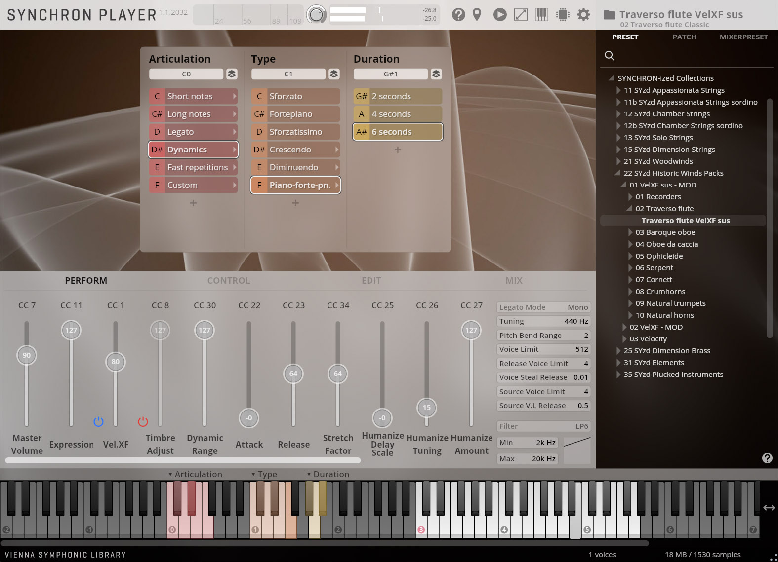 A screenshot showing the SYNCHRON PLAYER software interface, displaying articulation and instrument settings for a virtual Traverso flute, with sections for performance control, editing, and mixing parameters.
