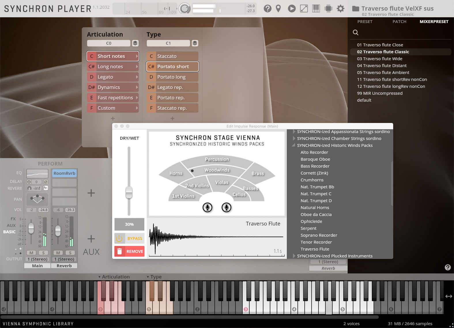 Digital audio workstation interface displaying Synchron Player, with Synchron Stage Vienna historical winds pack interface, Traverso flute selected, and performance controls visible.