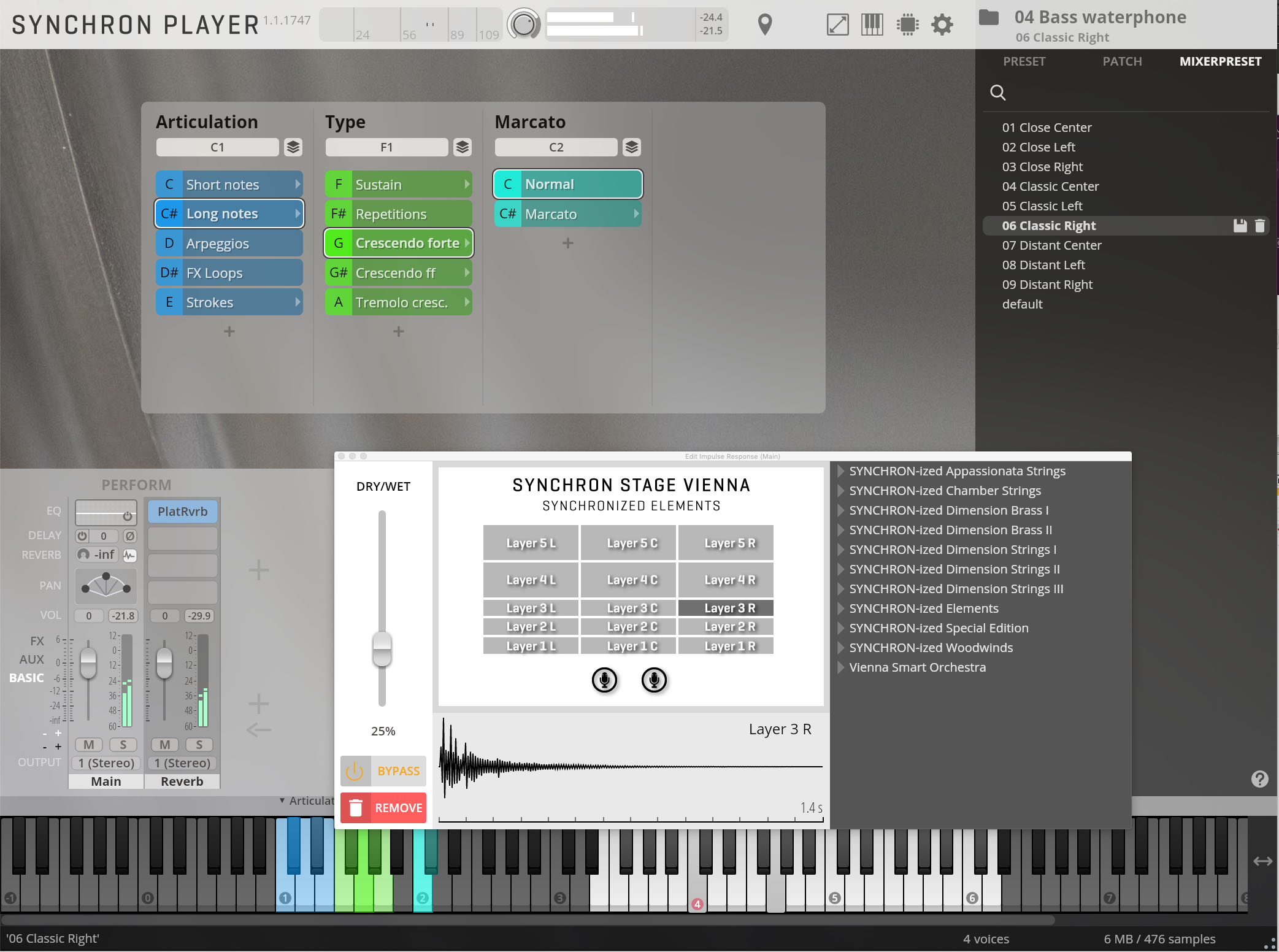Digital audio workstation interface for Synchron Player software, displaying sound articulation, type, marcato, performance controls, and instrument library options with highlighted Bass Waterphone presets.