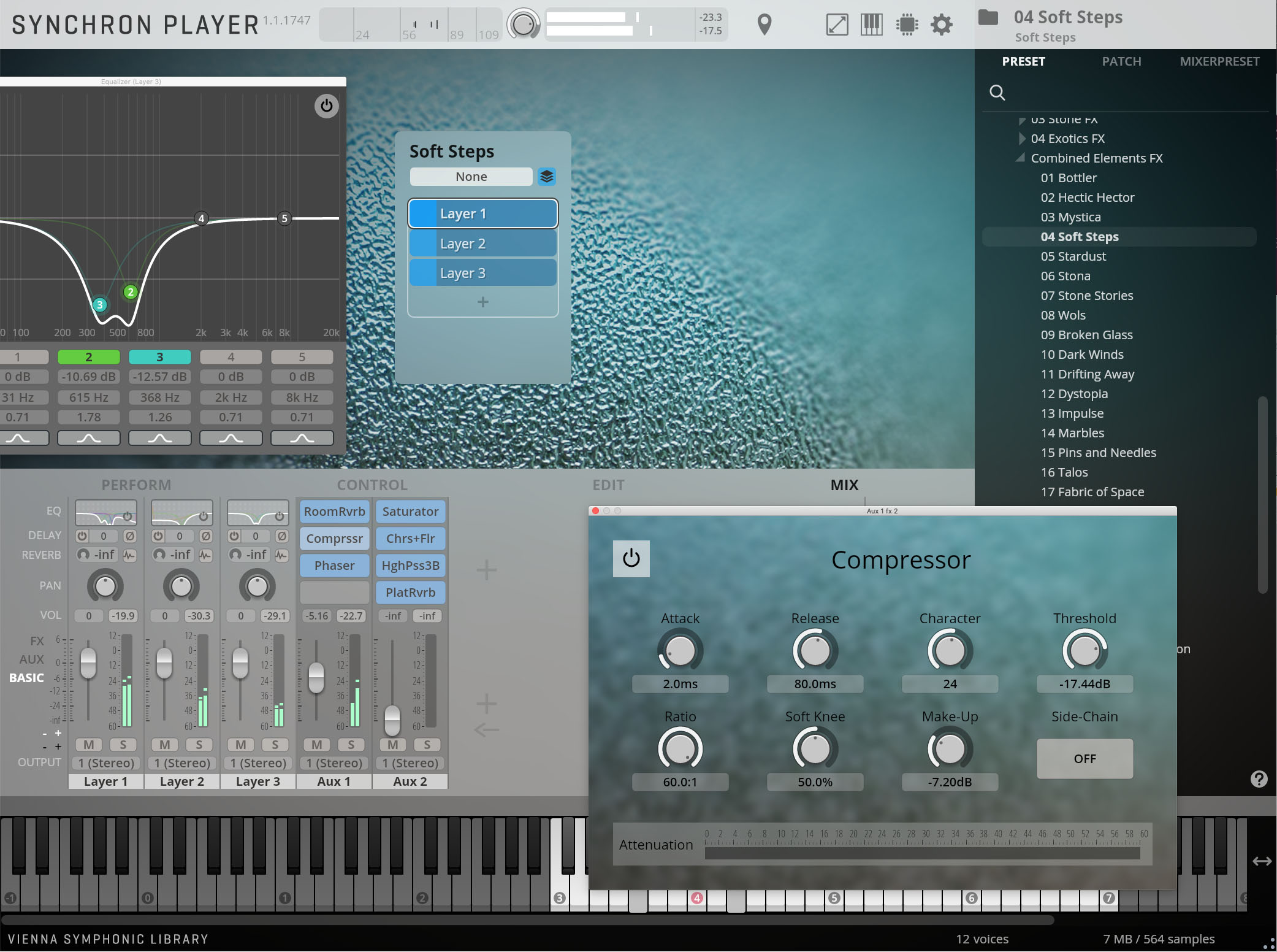 Screenshot of Synchron Player music software interface showing various adjustable parameters for sound effects including equalizer settings, layer control, compressor, and soft steps preset.
