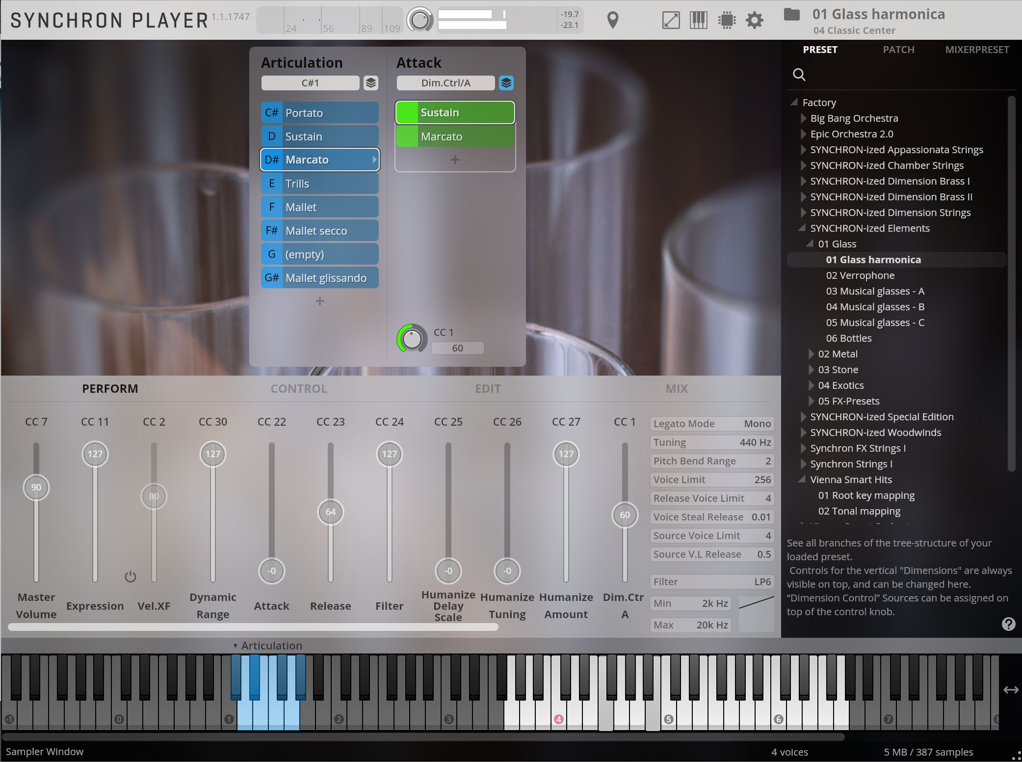 Digital audio workstation interface for Synchron Player software, displaying settings for Glass Harmonica instrument, including articulation, attack, volume controls, and a virtual keyboard.