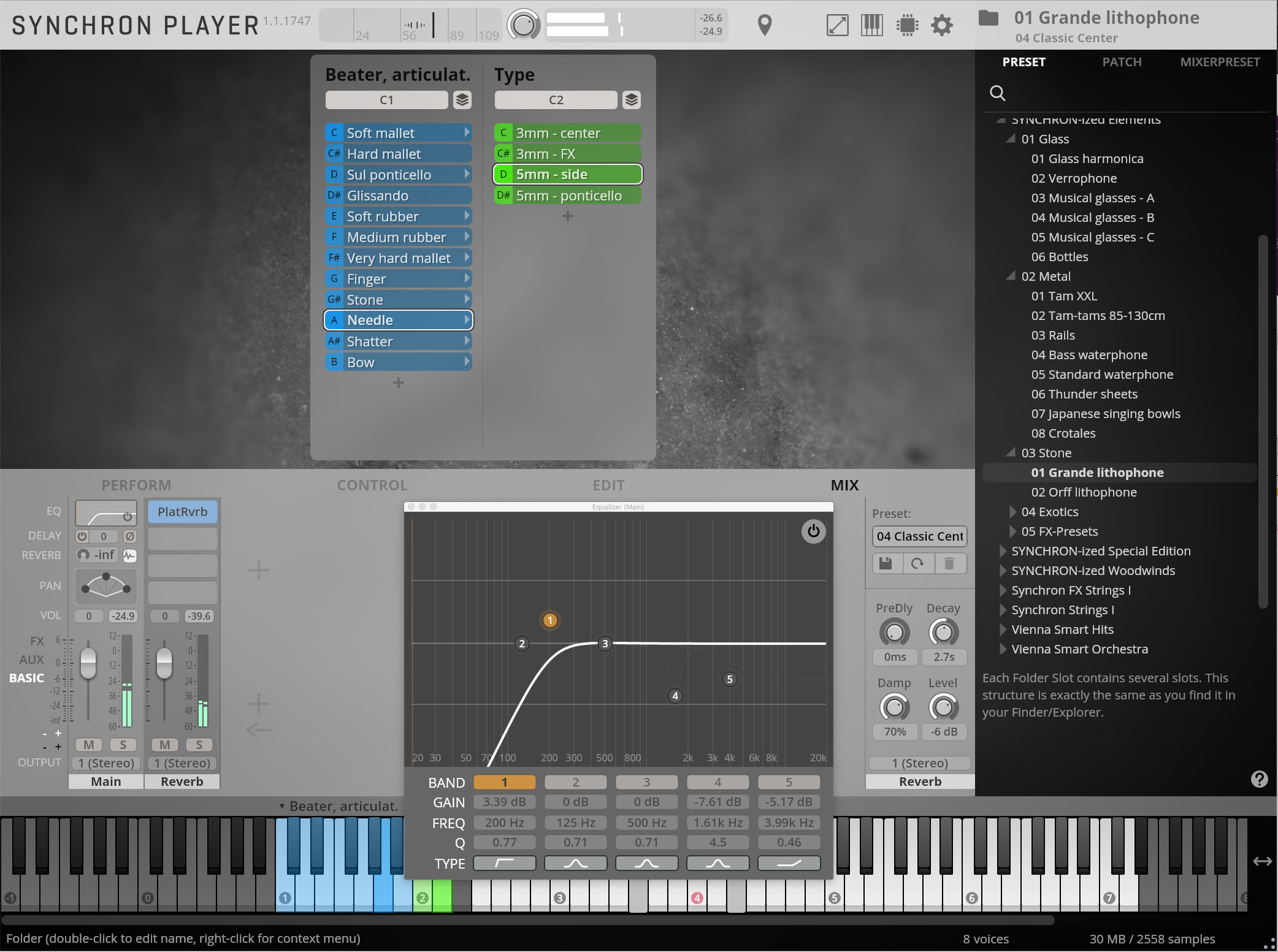 Synchron Player software interface showing Beater and Type selections, an equalizer graph, and a list of instrument presets including Grande lithophone.