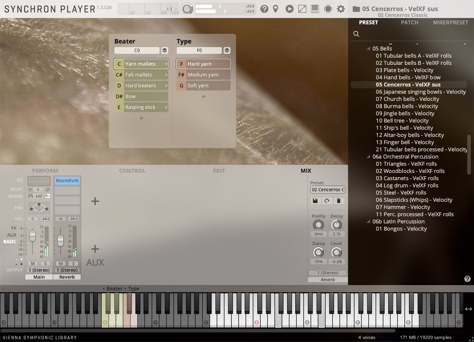 A digital audio workstation (DAW) interface, Synchron Player, demonstrating instrument and sound controls, including a selectable Beater and Type, a list of Bell presets with 05 Cencerros - VelXF sus highlighted, and an adjustable Mix section.
