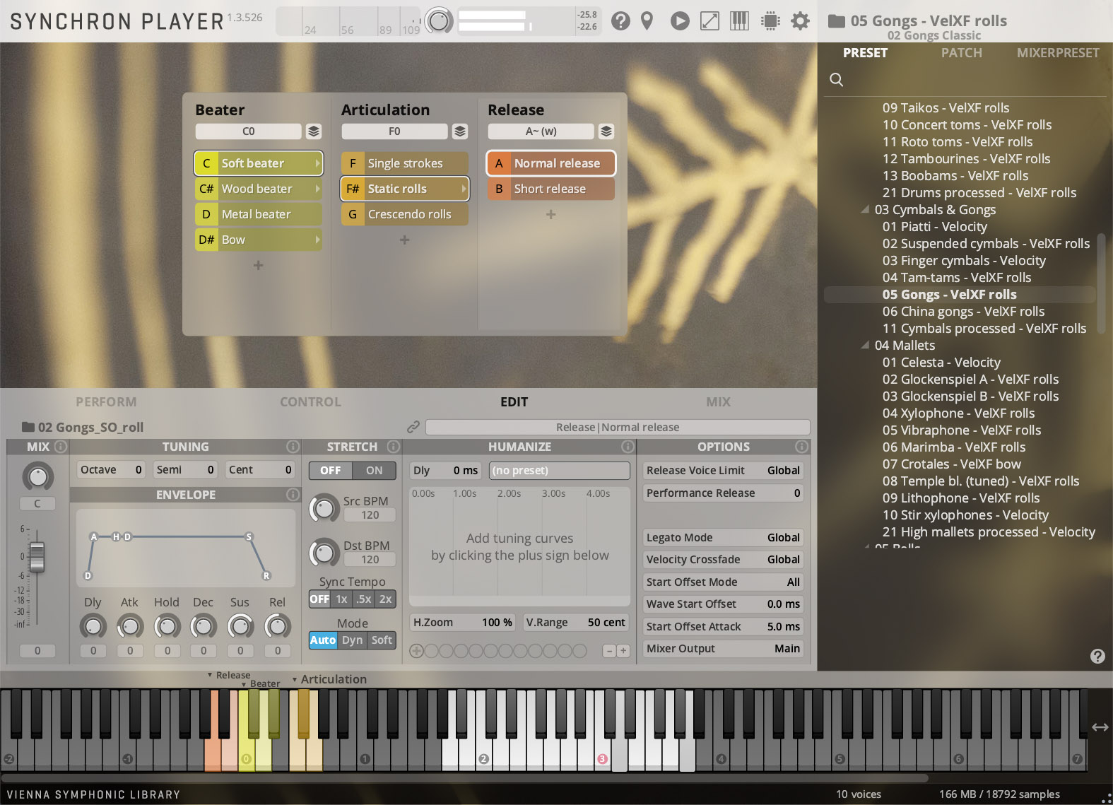 Screenshot of Synchron Player software showing instrument settings for gongs, including beater type, articulation, release, and a list of available sound presets.