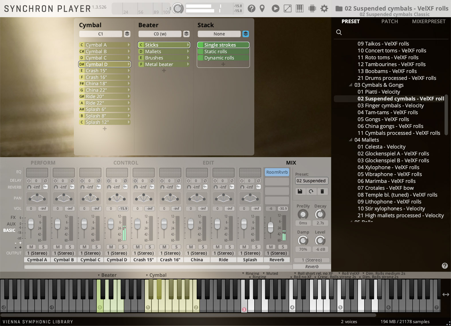 Screenshot Vienna Symphonic Library Synchron Player with drum and cymbal sound settings, controls, mixer, and a virtual piano keyboard.