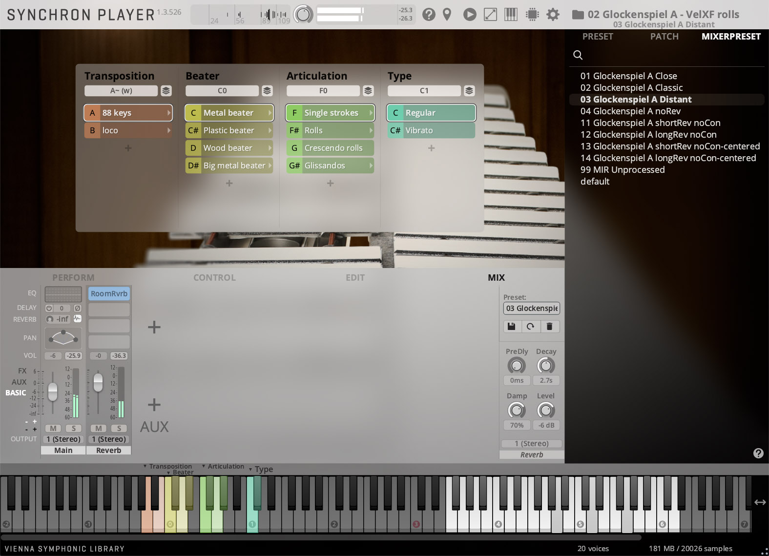 A screenshot of the Vienna Symphonic Library Synchron Player software interface, displaying various settings for a virtual instrument. The main window shows controls for Transposition, Beater (including metal, plastic, wood, and big metal options), Articulation (single strokes, rolls, crescendo rolls, glissandos), and Type (regular, vibrato). A list of Glockenspiel presets is visible on the right, with 03 Glockenspiel A Distant highlighted. The bottom section of the interface features a virtual keyboard, mixer, and performance controls for EQ, delay, reverb, pan, and volume. The software version is Synchron Player 1.3.526.
