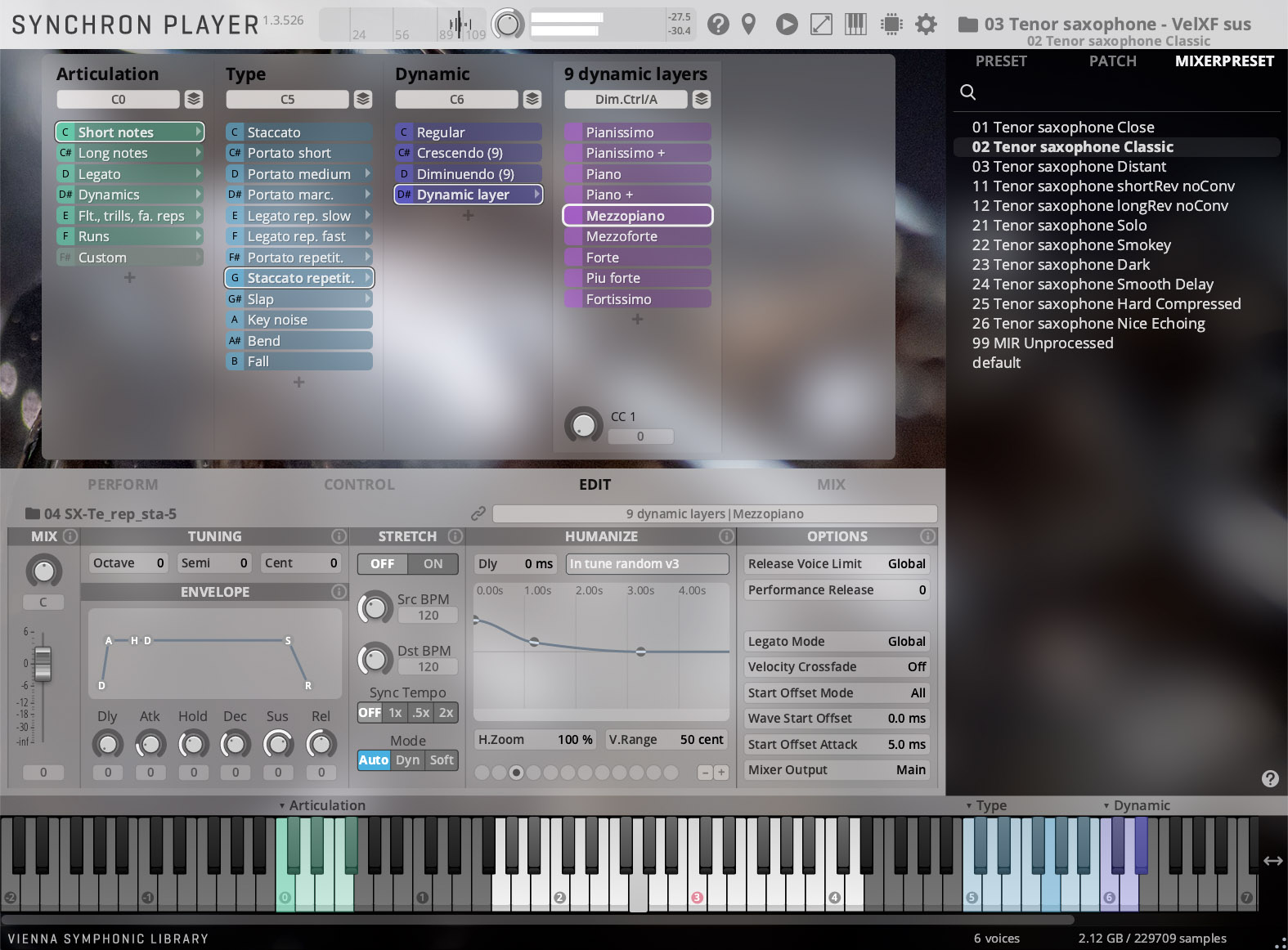 Screenshot of Vienna Symphonic Library's Synchron Player software interface, showing Tenor saxophone Classic selected and various sound articulation, dynamic, and effects parameters visible.