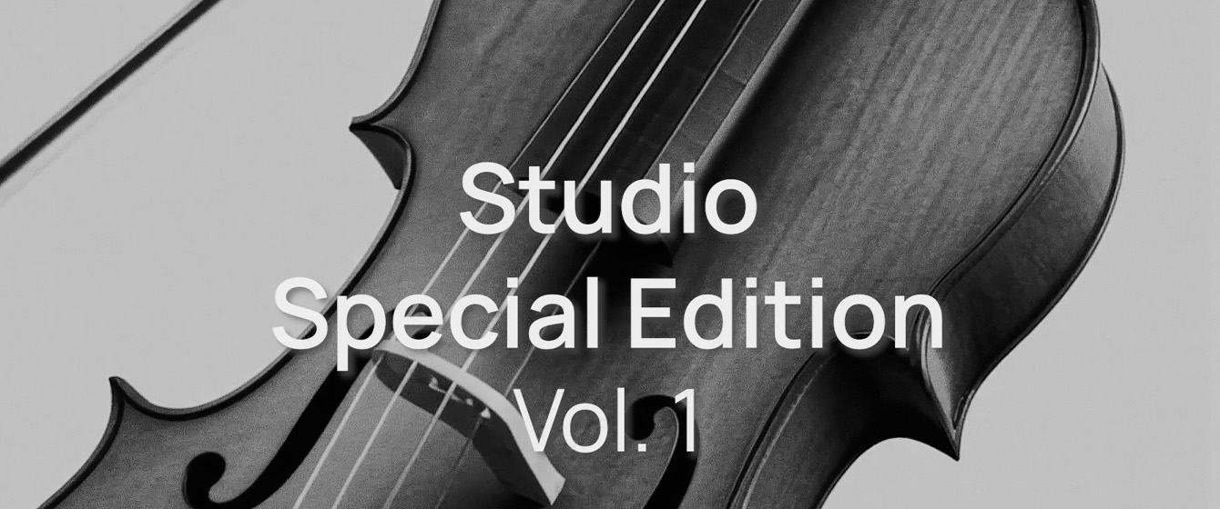 Black and white image of a violin with the text Studio Special Edition Vol. 1 overlaid.