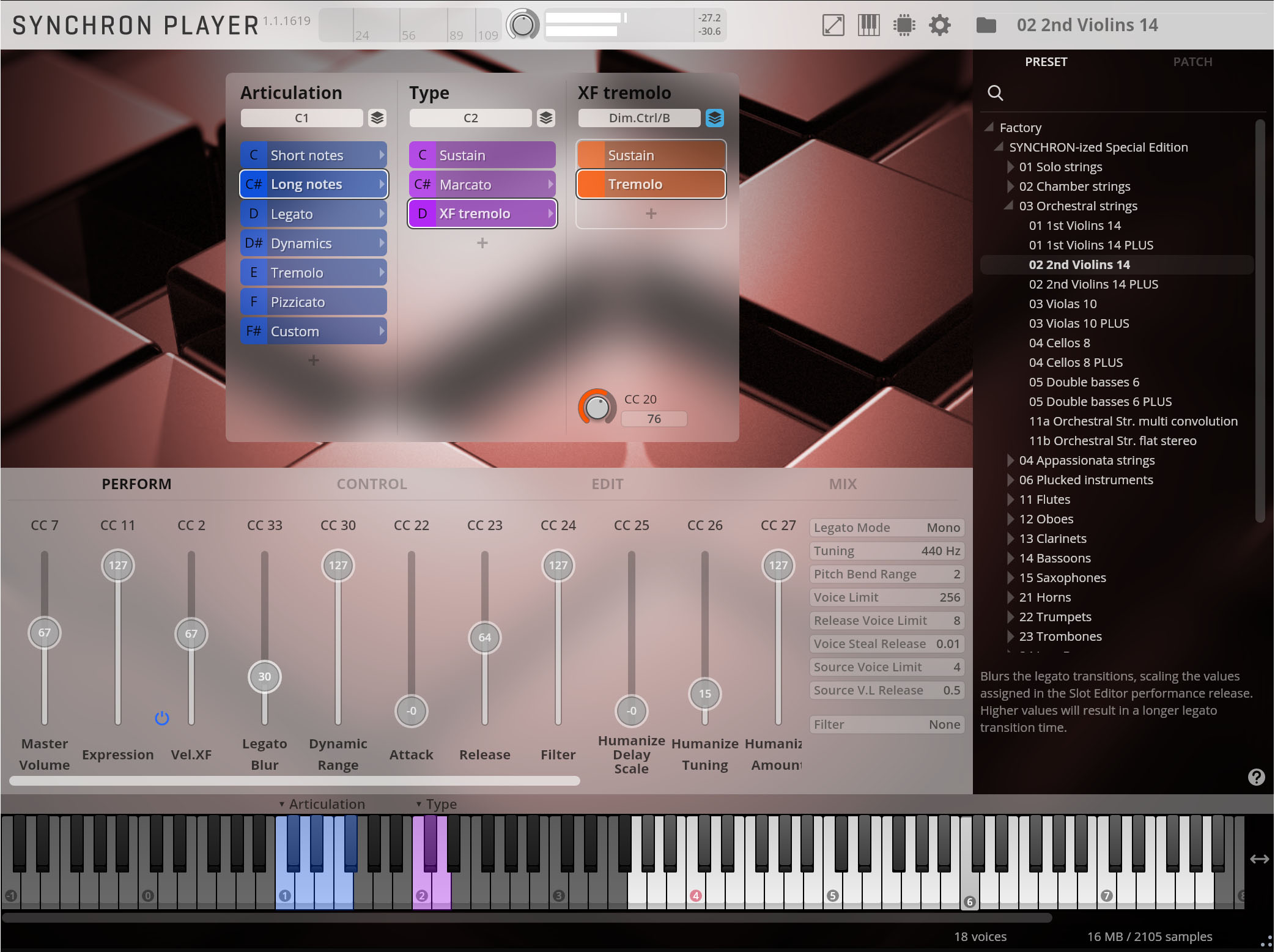Screenshot of the 사용자 인터페이스 of the Synchron Player software, showing articulation, type, control, edit, and mix parameters, for 2nd Violins 14.
