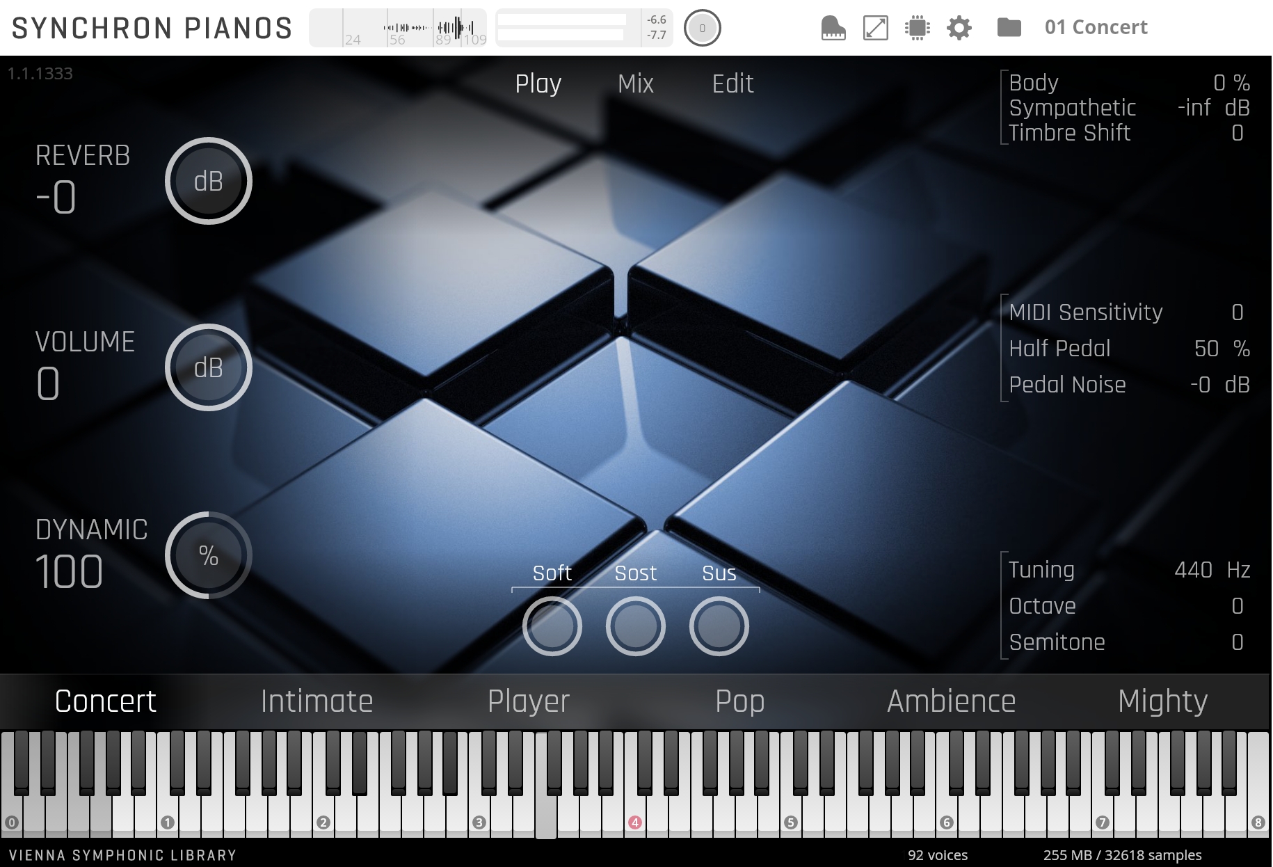 Screenshot of the Vienna Symphonic Library Synchron Pianos virtual instrument software interface, displaying controls for reverb, volume, dynamics, and various piano settings, with a full keyboard at the bottom.