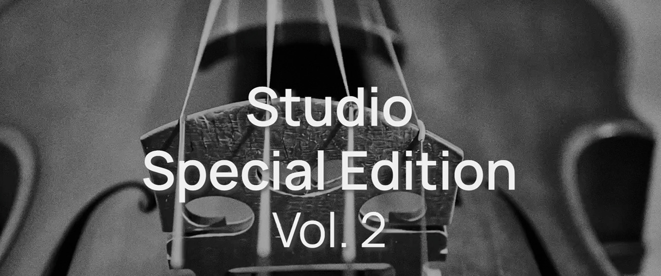 Black and white image close-up of a string instrument's bridge and strings with the text Studio Special Edition Vol. 2 overlayed in white.