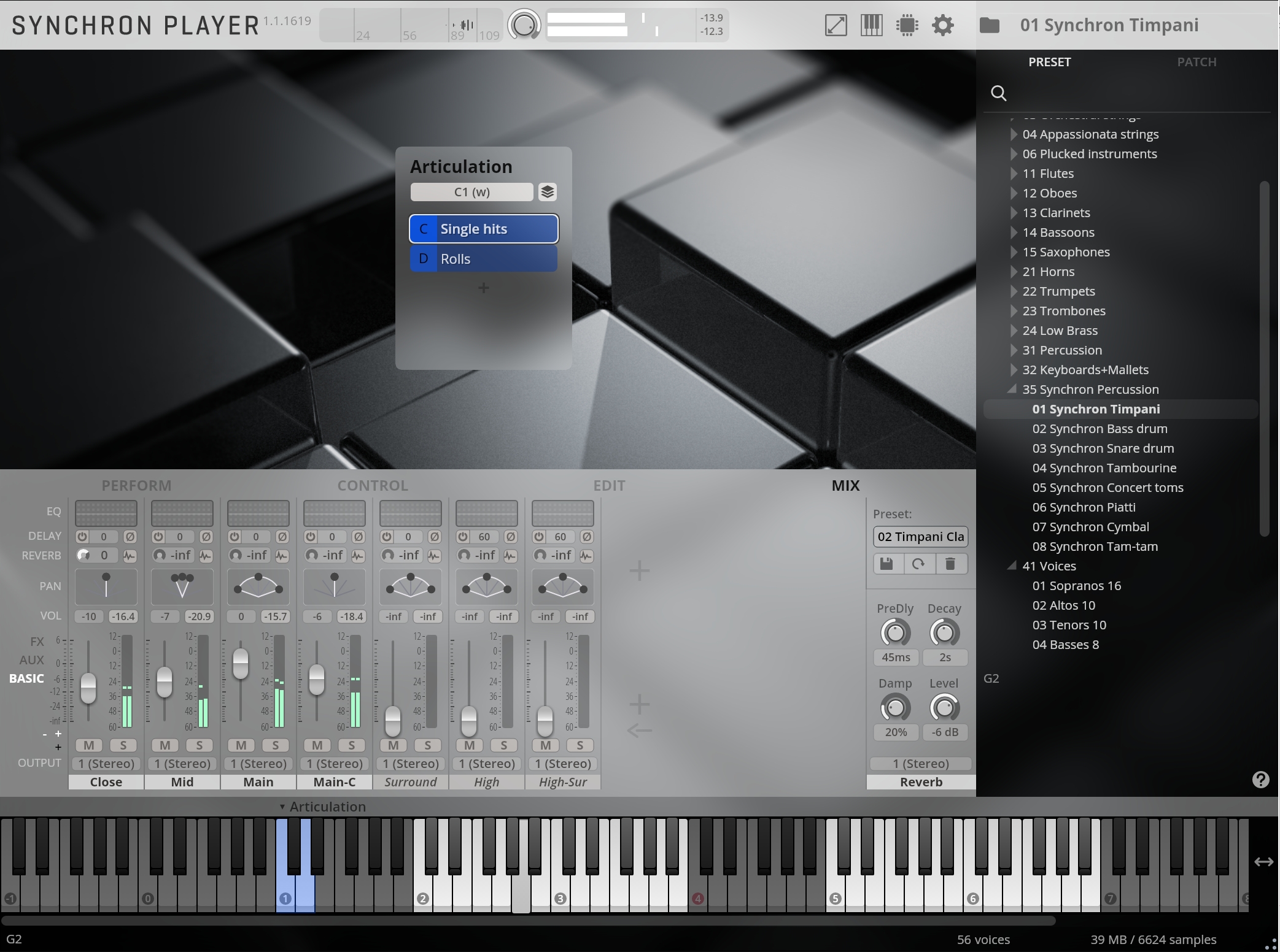 Screenshot of the Vienna Symphonic Library Synchron Player software interface, displaying the Synchron Timpani percussion instrument with Single hits articulation selected. The interface shows controls for performance, control, edit, and mix sections, along with a virtual keyboard, illustrating digital audio workstation (DAW) and music production software functionality.
