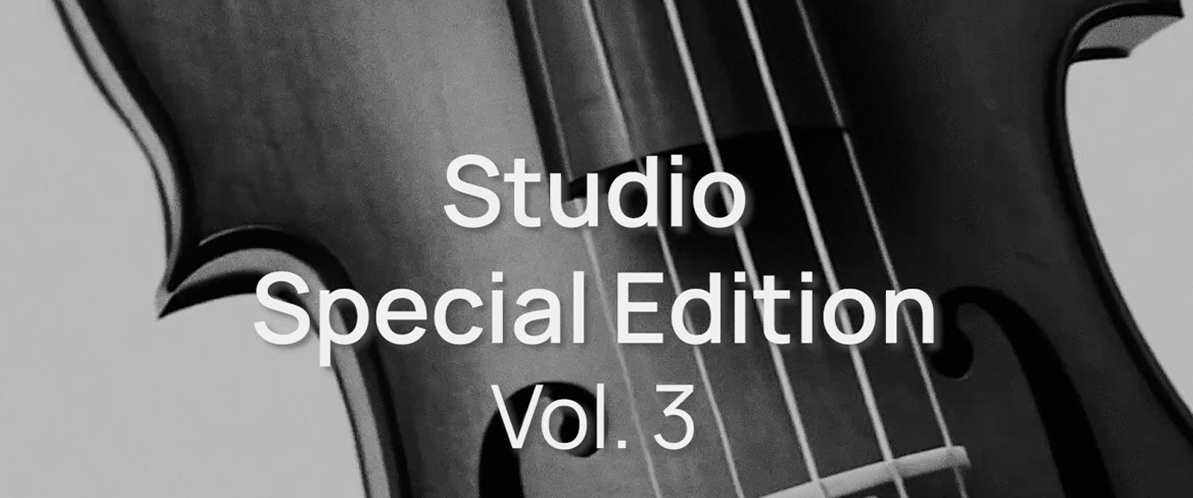 Black and white image of a string instrument with text overlay: Studio Special Edition Vol. 3, suggesting a music album or production.