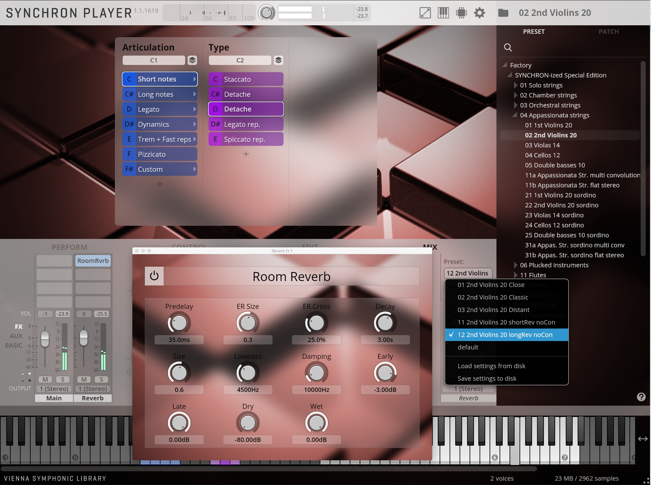 Screenshot of the Vienna Symphonic Library Synchron Player software interface, displaying articulation and type selections, preset options including 2nd Violins 20, and a Room Reverb effect window with adjustable parameters open, simulating audio production for orchestral instruments.