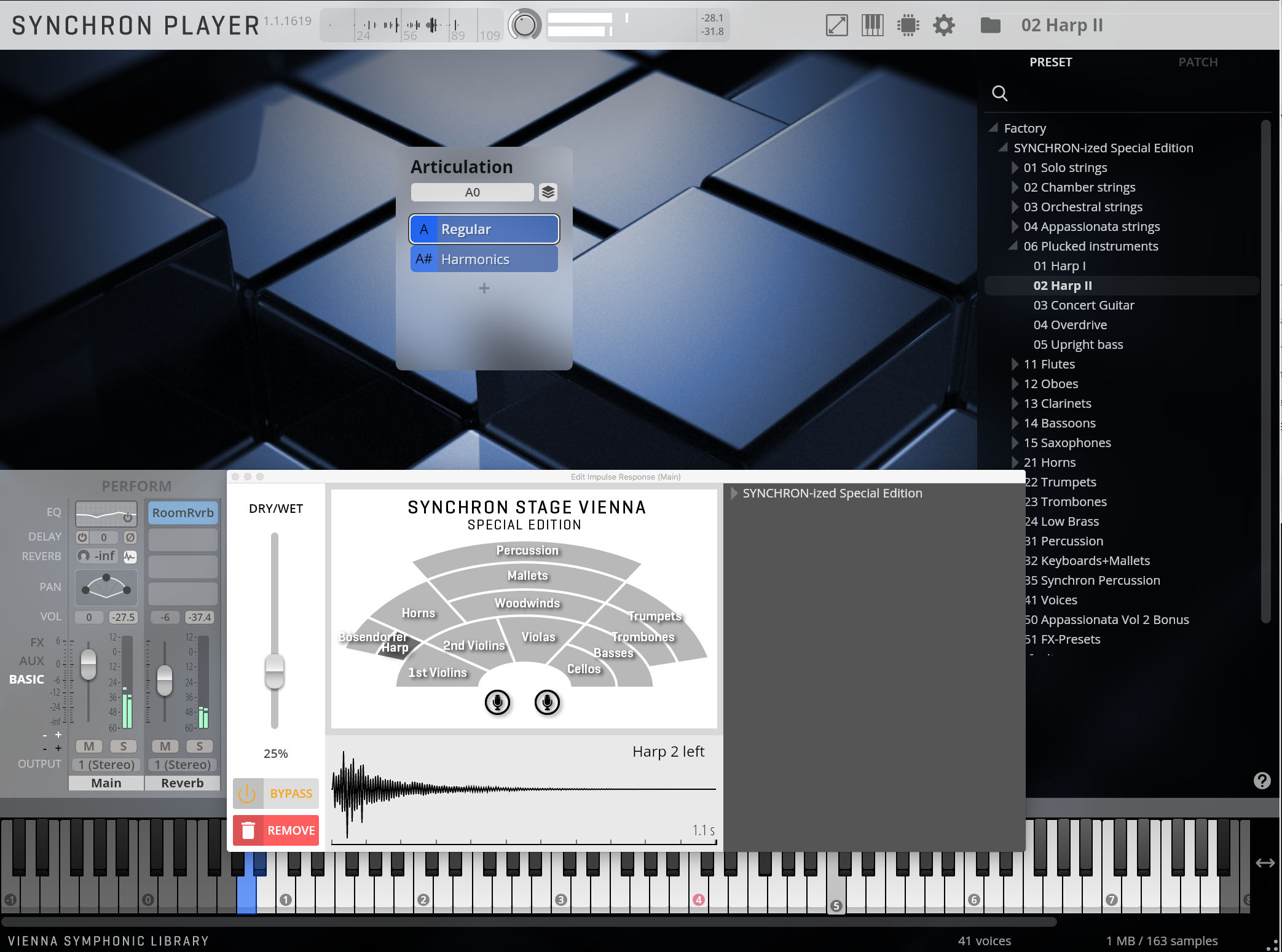 Synchon Player software interface displaying sound library options, articulations, and effects for virtual instruments, including an articulation menu showing Regular and Harmonics options, a preset list with Harp II selected, and audio controls for stage positioning in Vienna Symphonic Library.