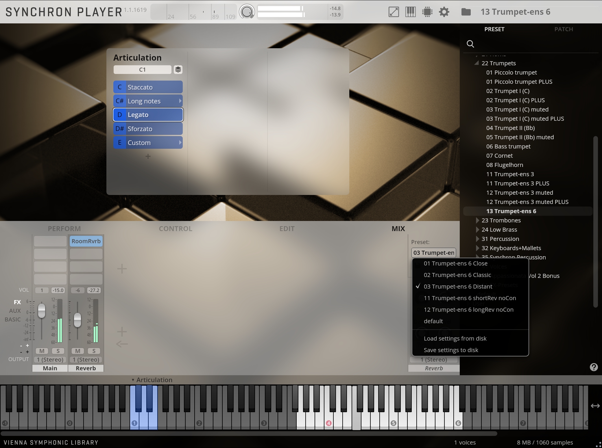 A screenshot of the SYNCHRON PLAYER software with multiple menus and controls visible. The Articulation menu is open, highlighting Legato. The Preset list shows various trumpet sound options including 13 Trumpet-ens 6 and the Vienna Symphonic Library.