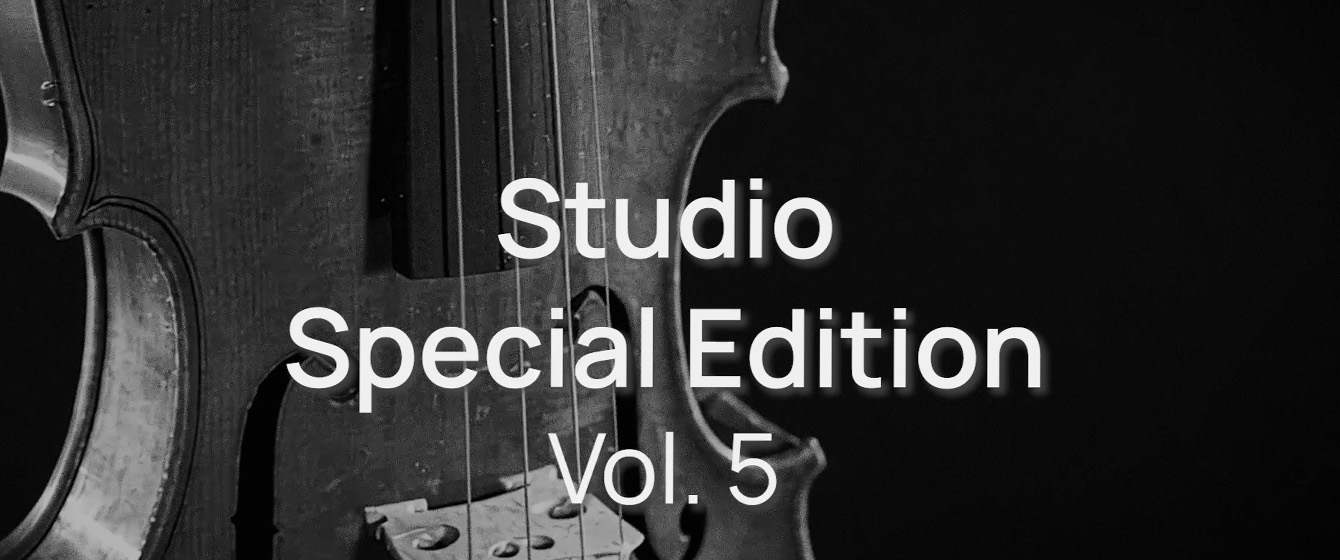 Grayscale image of a string instrument like cello or bass, with white text overlaid saying Studio Special Edition Vol. 5.