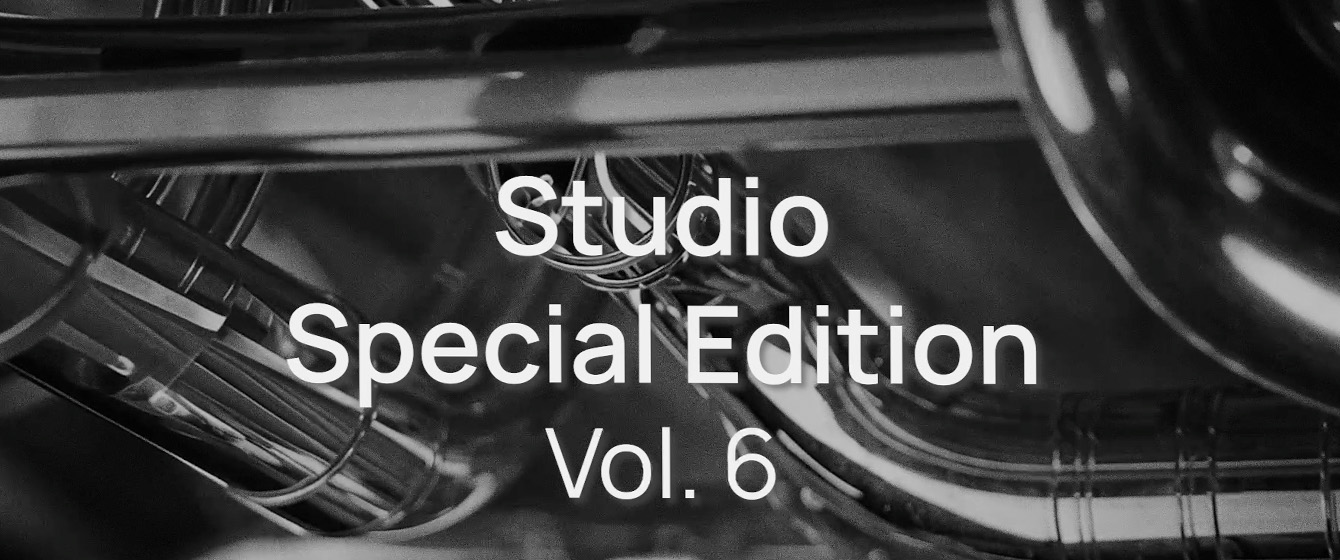 Black and white image with chrome musical instrument reflections and overlaid text Studio Special Edition Vol. 6.