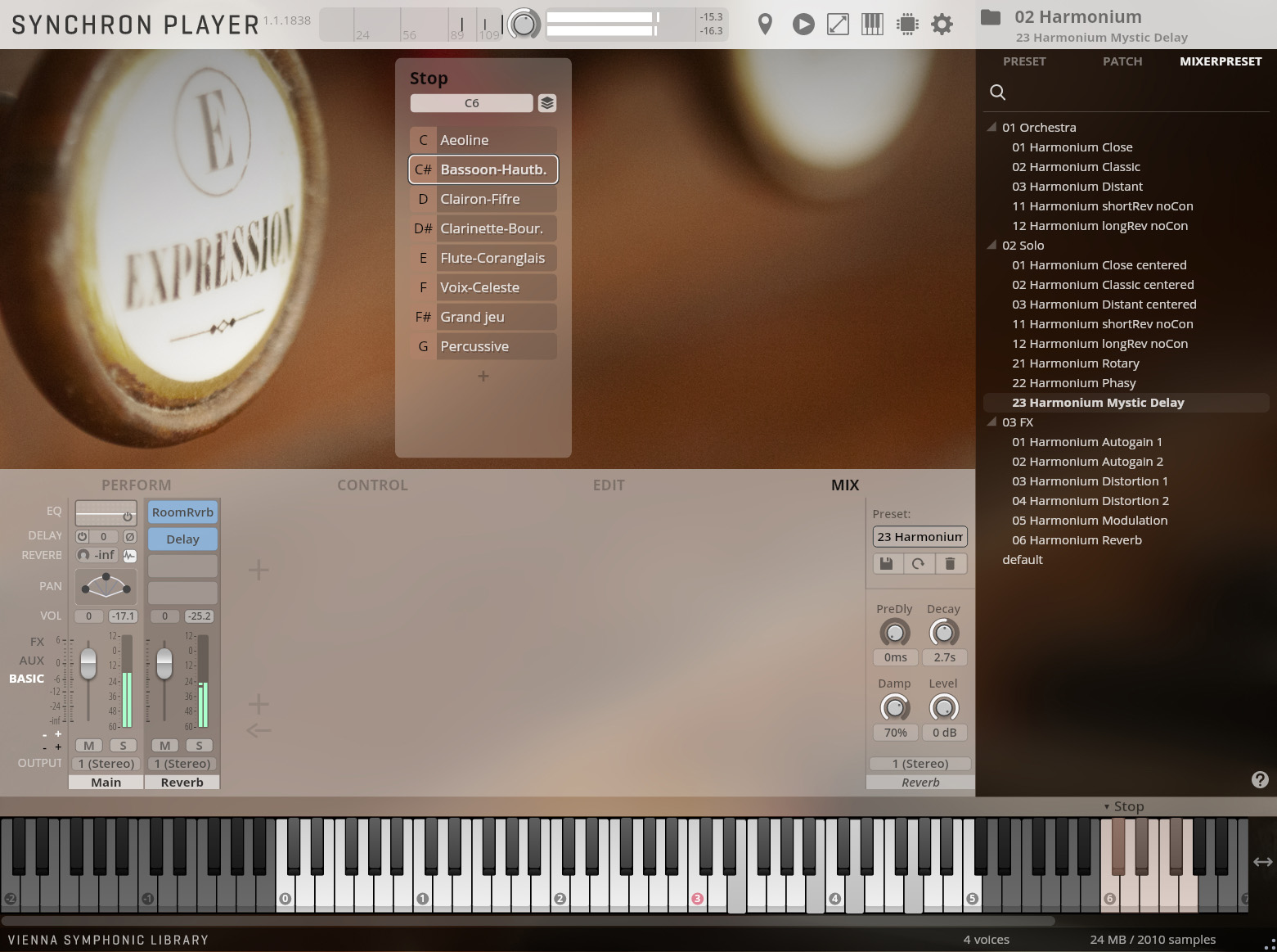 Harmonium Mystic Delay selected in Vienna Symphonic Library Synchron Player software interface.