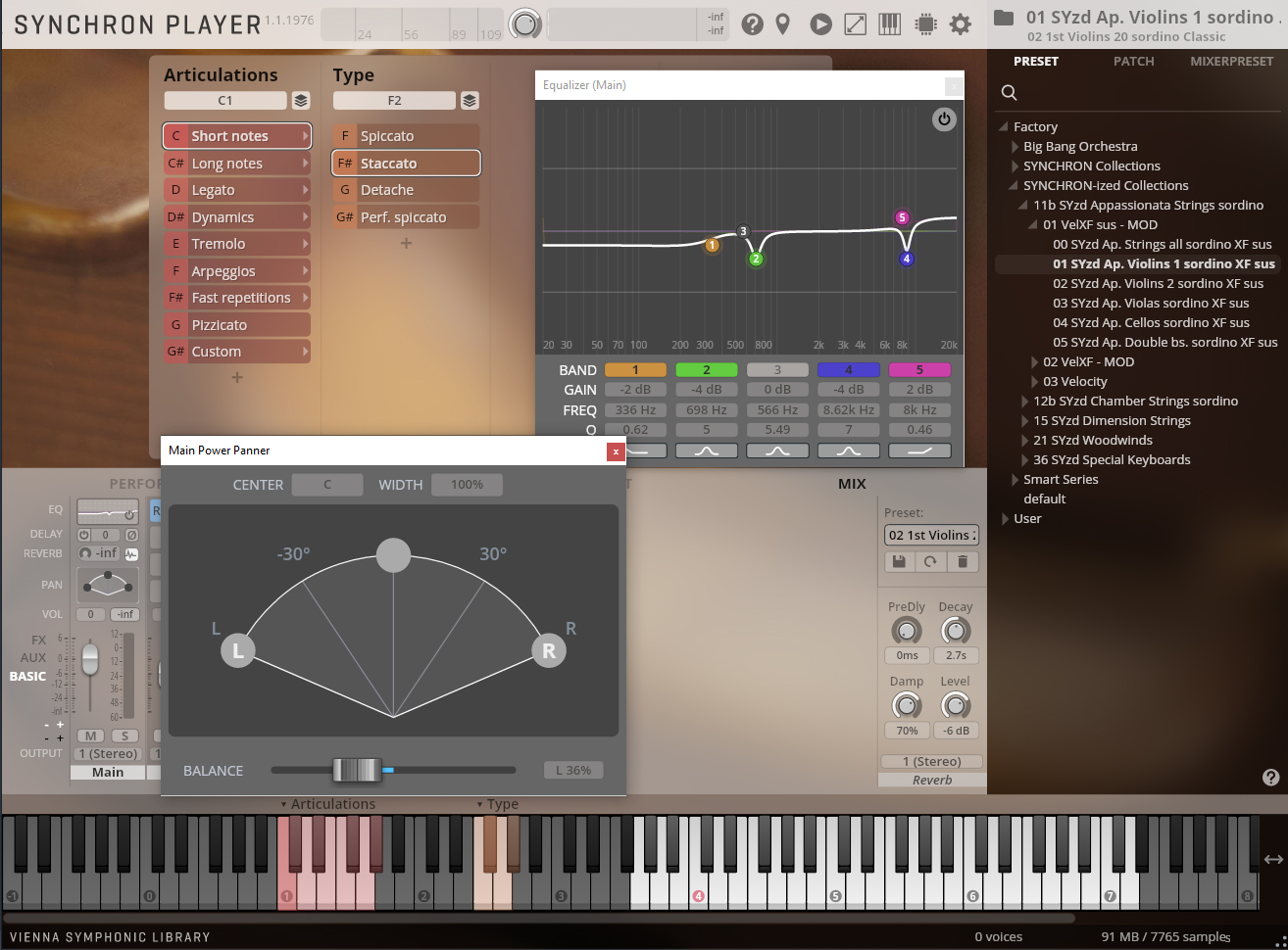 Screenshot of the full Synchron Player software interface, displaying various controls for articulations, equalizer settings, panning, and a virtual keyboard with highlighted keys for musical performance.