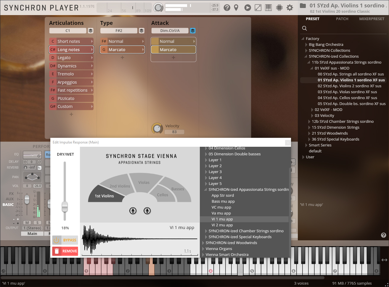 Screenshot of Synchron Player software showing instrument articulations, sound types, attack parameters, and an impulse response editor with Vienna Appassionata Strings selected.