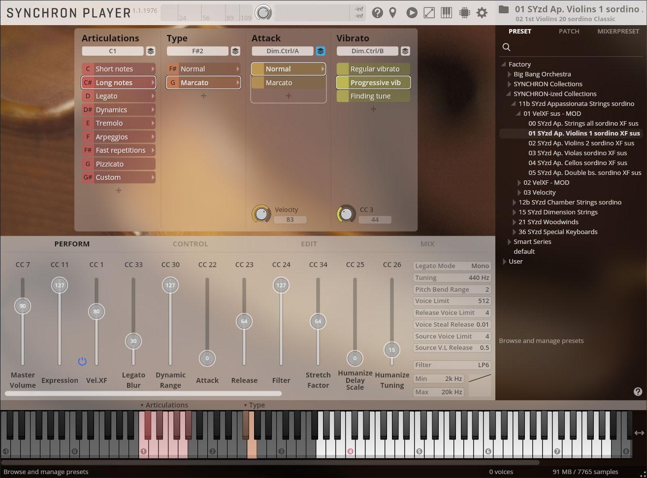 Screenshot of the SYNCHRON PLAYER software interface for music production, displaying various controls for articulations, type, attack, vibrato, and performance parameters, including a virtual piano keyboard at the bottom.