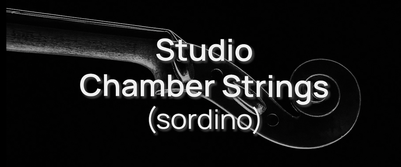 Black and white image of a violin's scroll and pegbox with ''Studio Chamber Strings (sordino)'' in white text overlaid on the image.