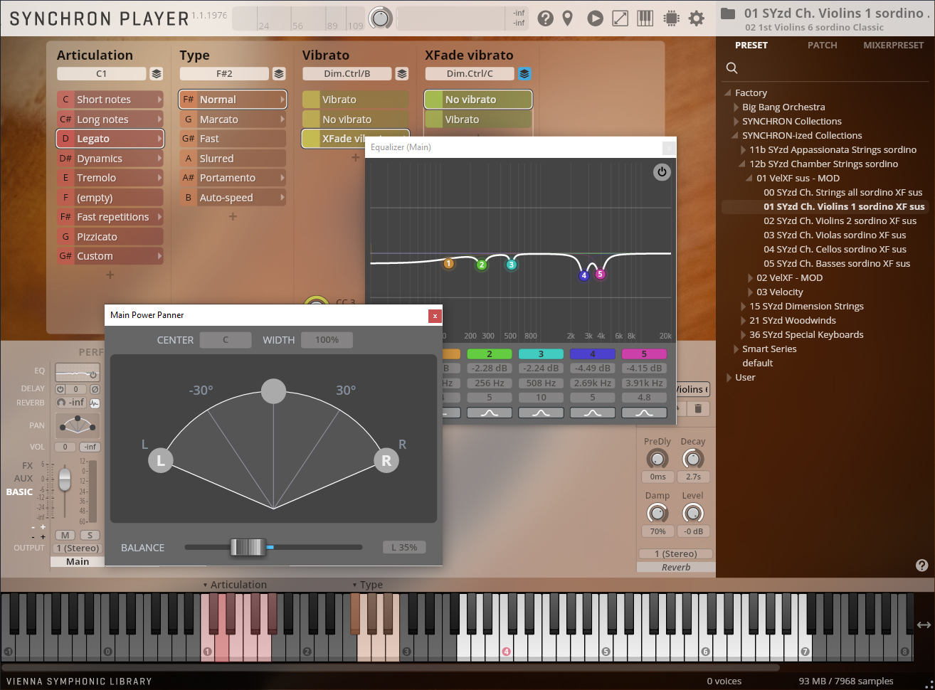 Vienna Symphonic Library Synchron Player software interface showing detailed controls for instrument articulation, effects like equalization and panner, and sound presets for SYzd Chamber Violins 1 sordino.