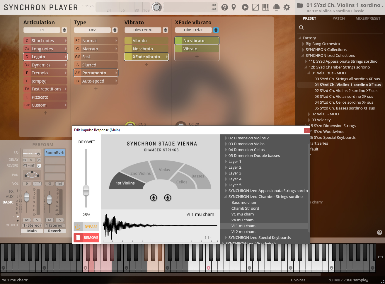 SYNCHRON PLAYER software interface with various audio parameters, including articulation, vibrato, chamber strings settings, and a piano roll.